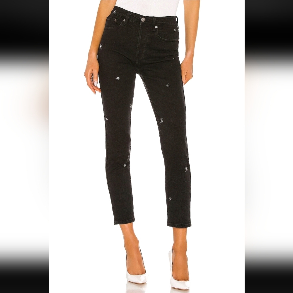 PISTOLA | Women's Black Nico Embroidered Stars Hi-Rise Slim Ankle Jeans